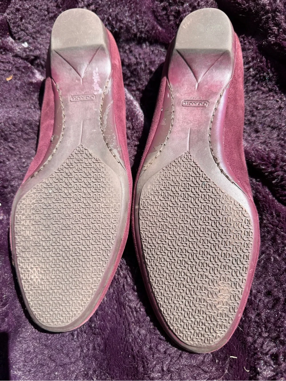 Coach Plum Suede Bow Loafers with Crystal Detail
